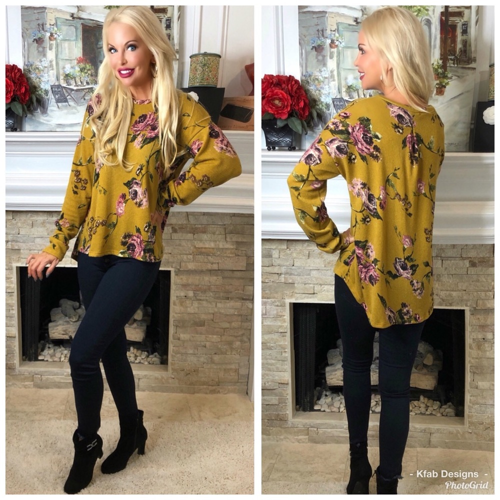 ❤️LAST Mustard Brushed Fabric Floral Oversized Top - Picture 4 of 5